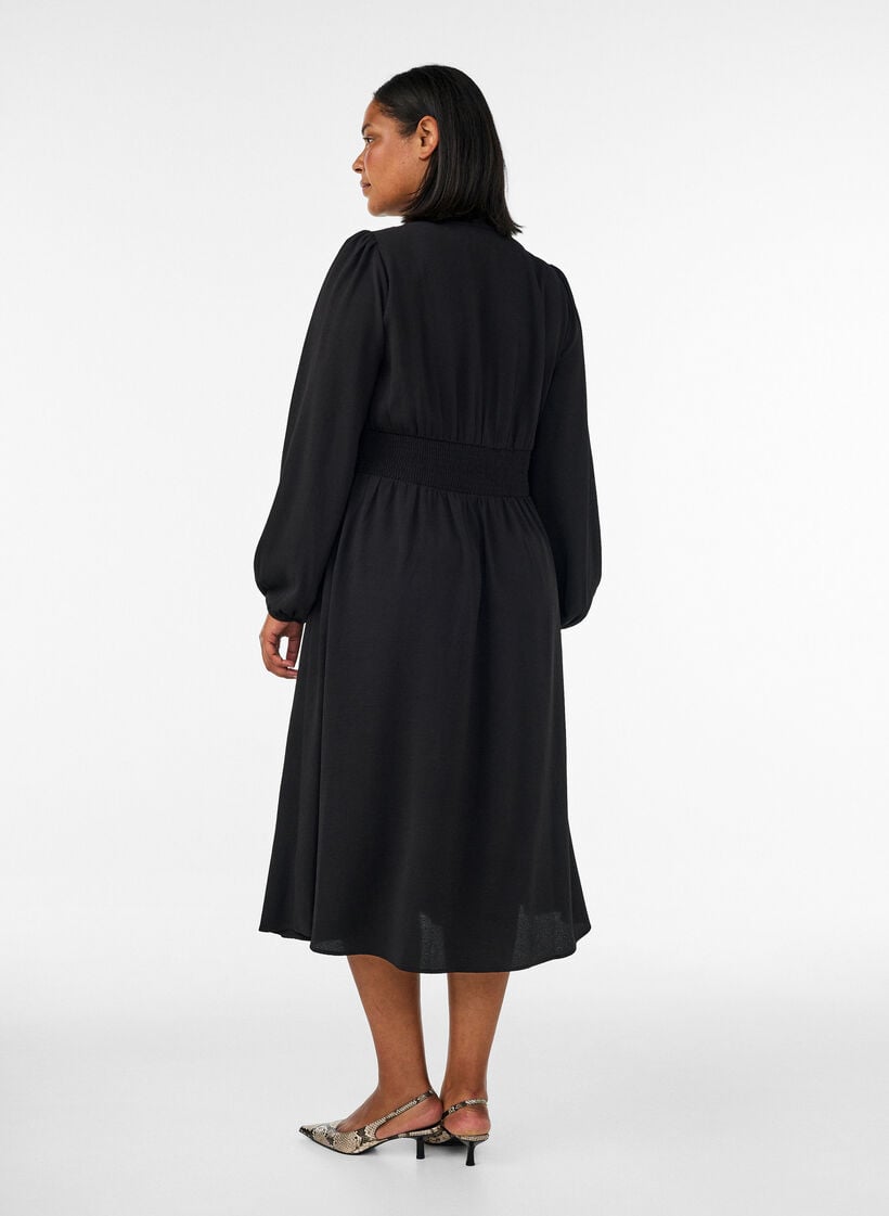 Midi-mekko smockilla ja koristeellisilla napeilla, Musta, Model image number 1