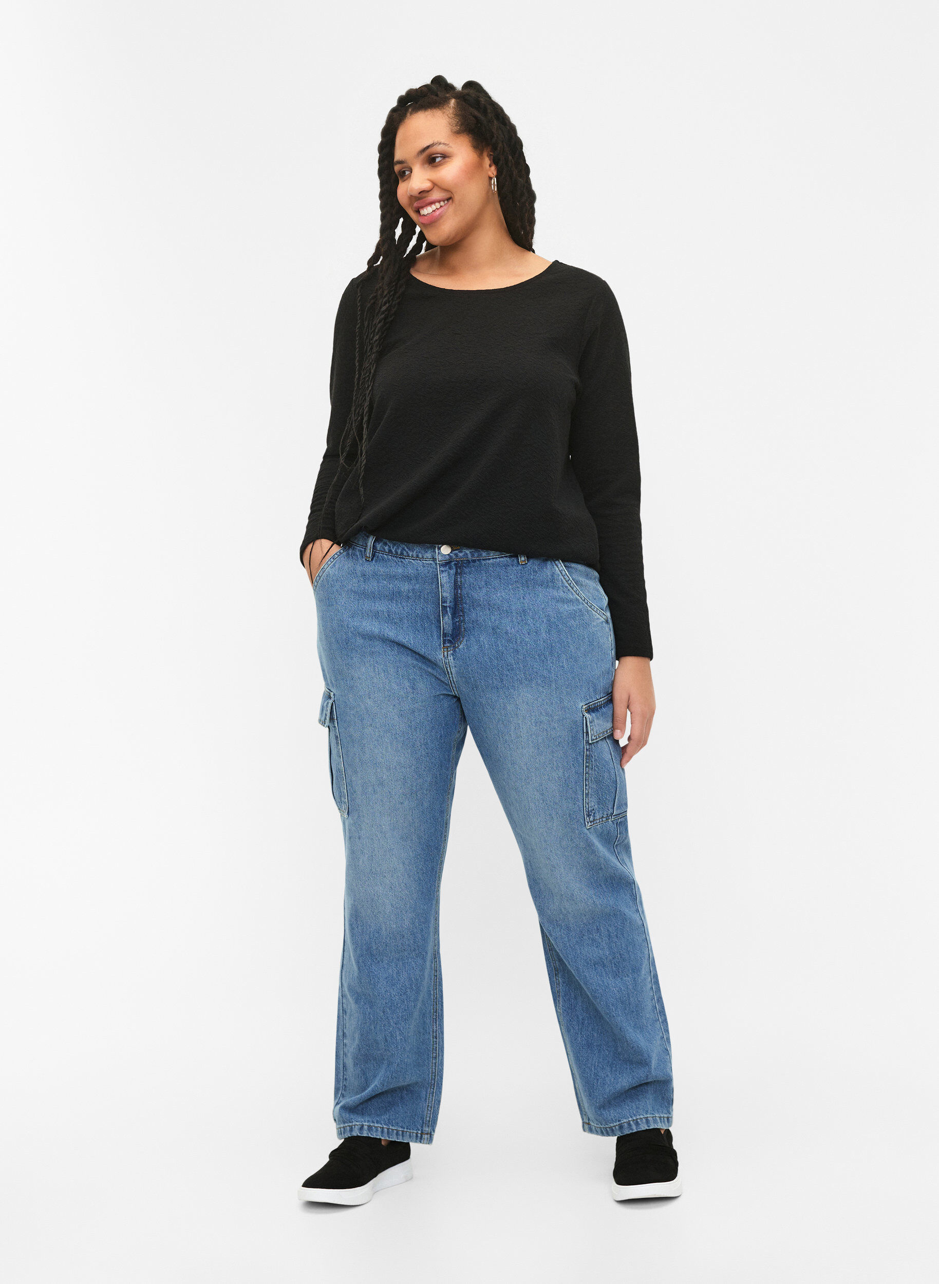 Zizzi Pitk&auml;hihainen kuvioitu pusero, Musta, Model image number 1