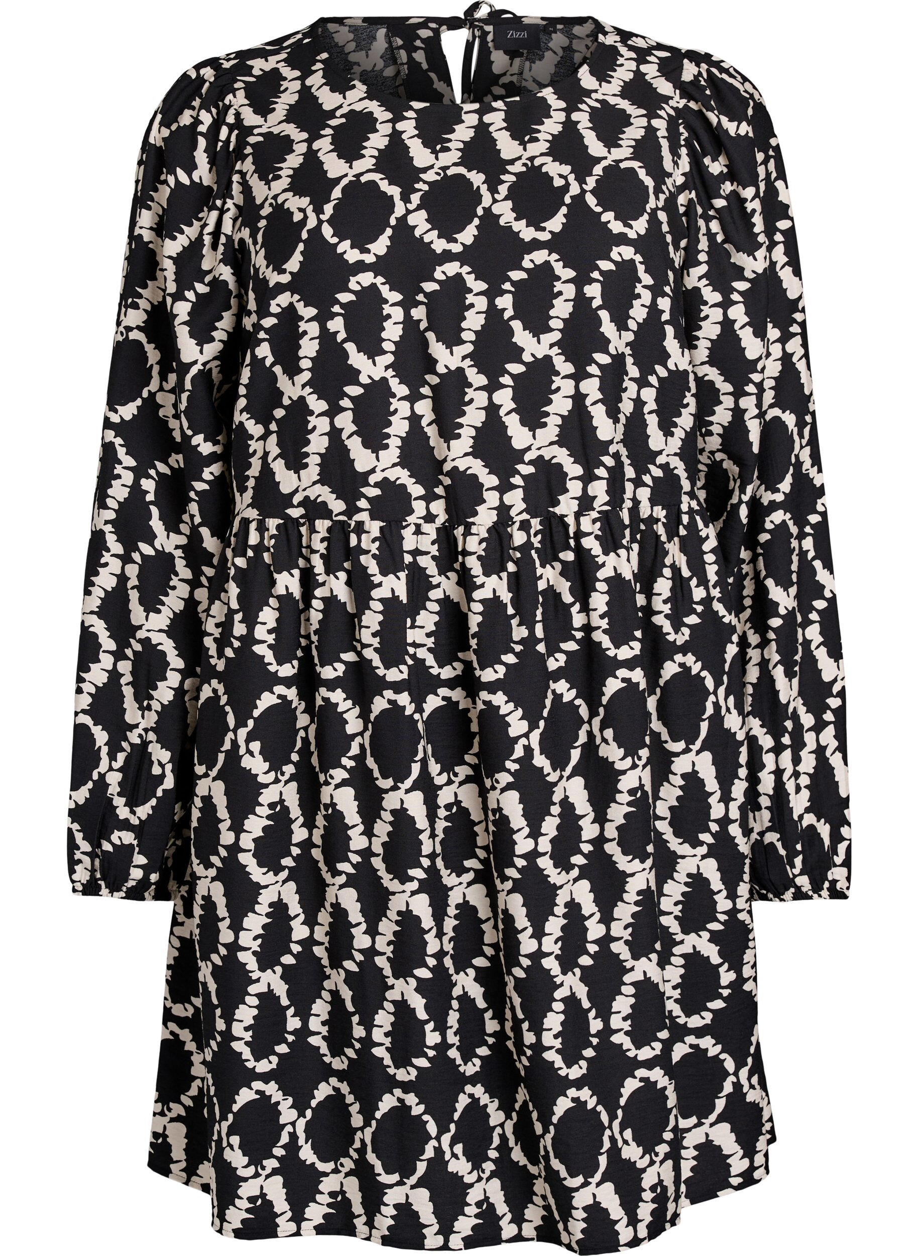 Zizzi Pitk&auml;hihainen mekko, jossa on painokuvio ja rusetteja, Musta, Packshot image number 0