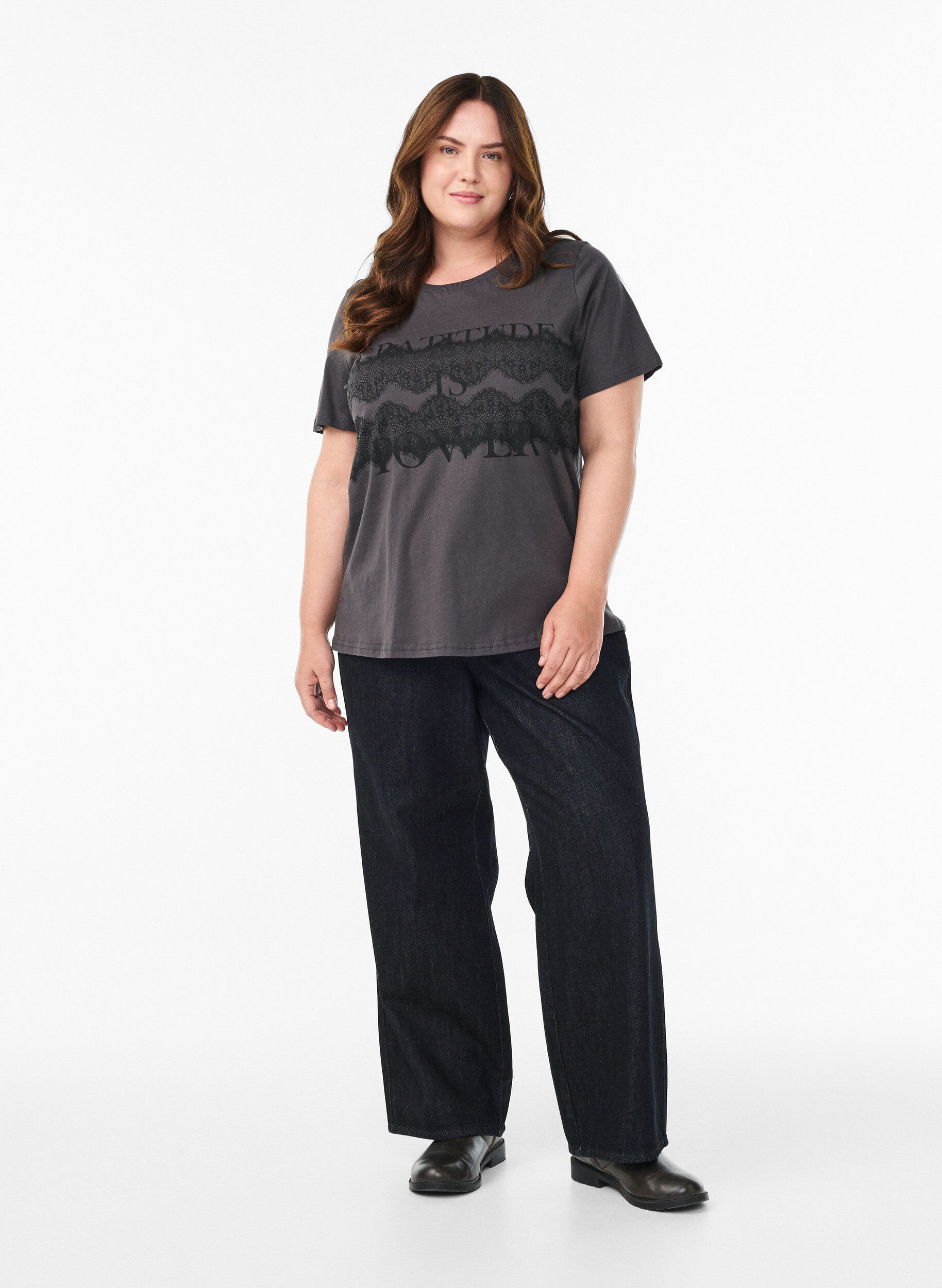 Zizzi Puuvillainen T-paita etupainatuksella, Harmaa, Model image number 1