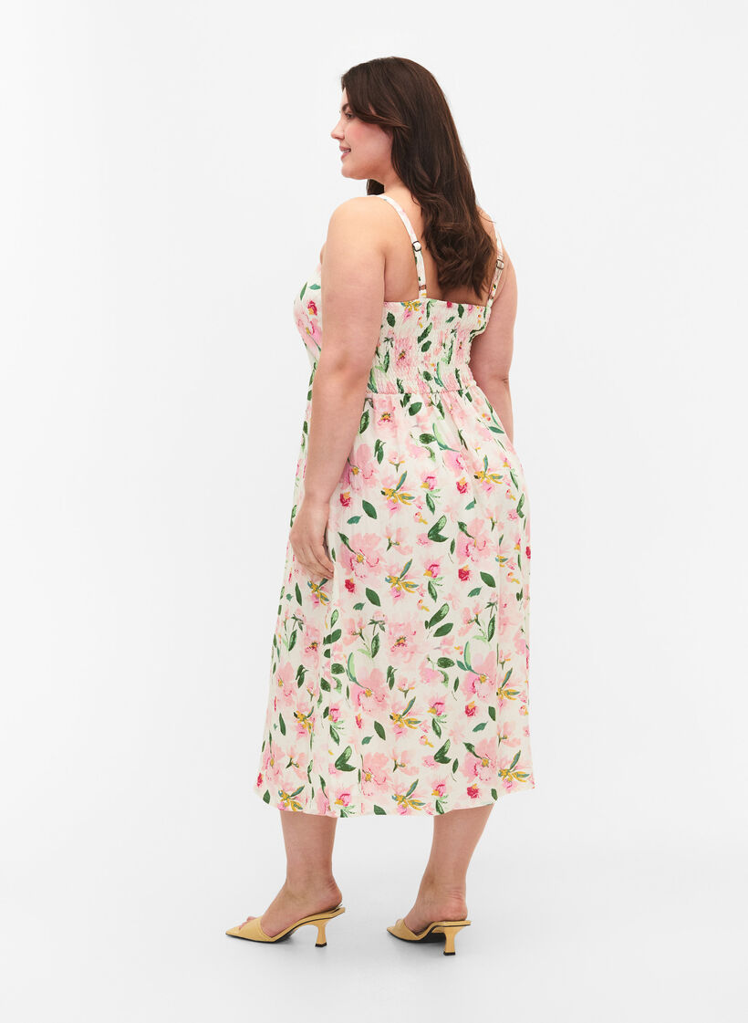 Kukallinen viskoosimekko naruolkaimilla ja smokkirypytyksellä, Off White Flower, Model image number 1