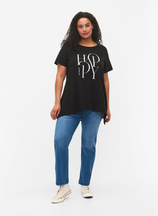 Puuvillainen t-paita tekstipainatuksella, Black HAPPY, Model image number 2