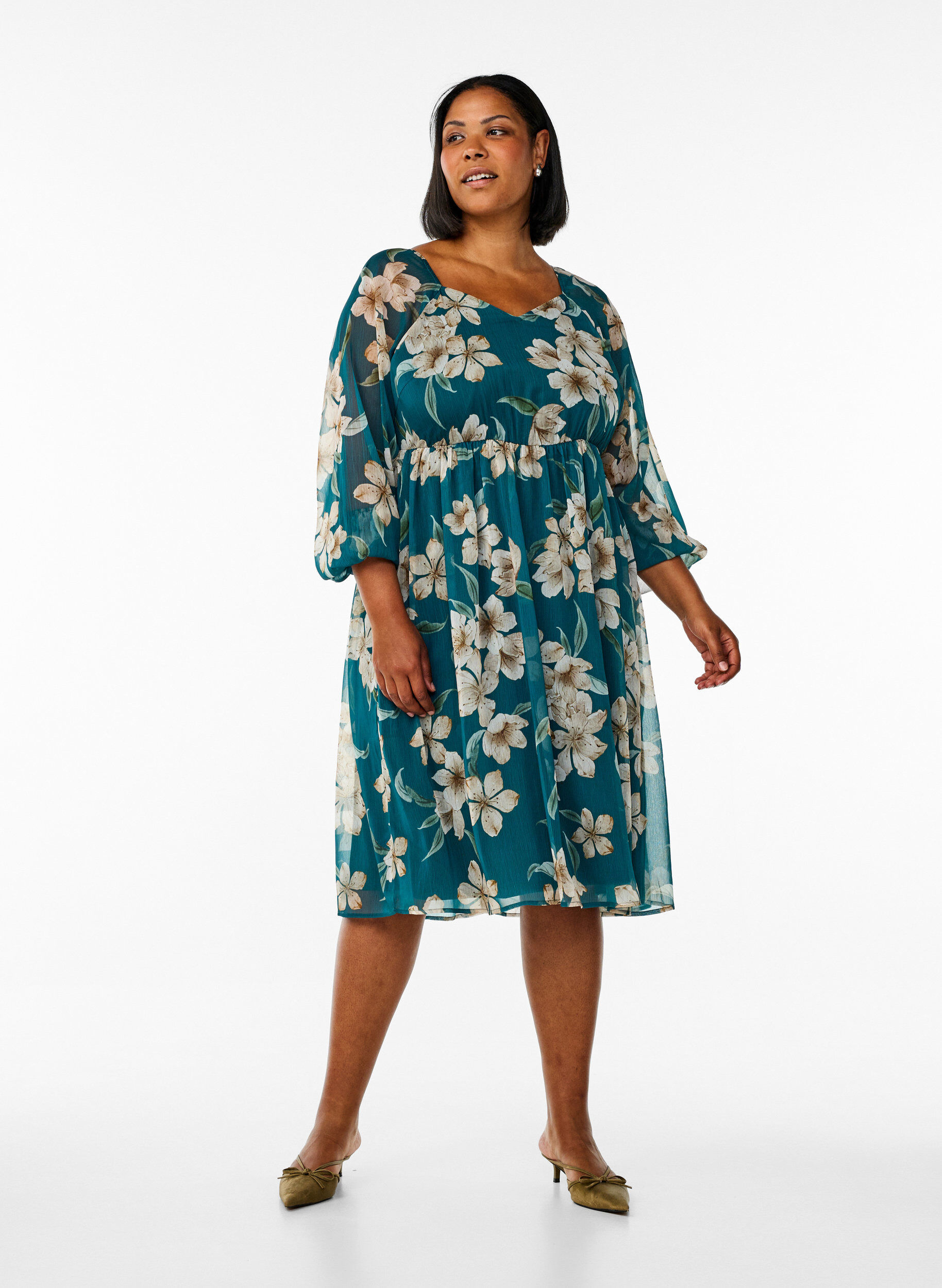 Zizzi Pitk&auml;hihainen sifonkijuhlamekko, Vihre&auml;, Model image number 1