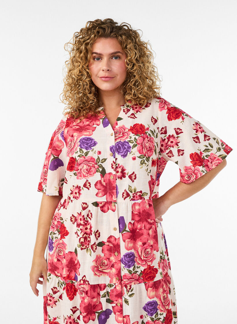 Puuvillainen midimekko kukkakuosilla, Punainen, Model image number 2