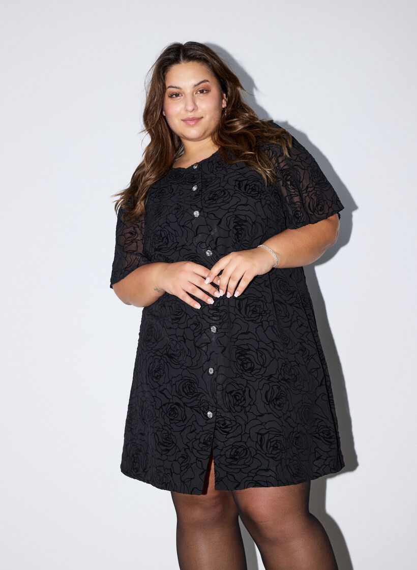 Lyhyt mekko ruusukuosilla ja napeilla, Musta, Model image number 0