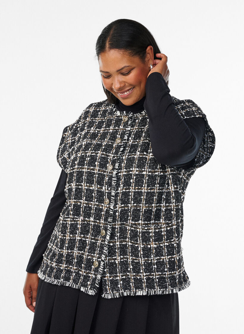 Ruudullinen liivi koristeellisilla napeilla, Black w. White, Model image number 0