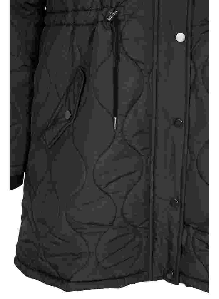 Tikattu lämpötakki fleecevuorella ja irrotettavalla hupulla, Black, Packshot image number 3