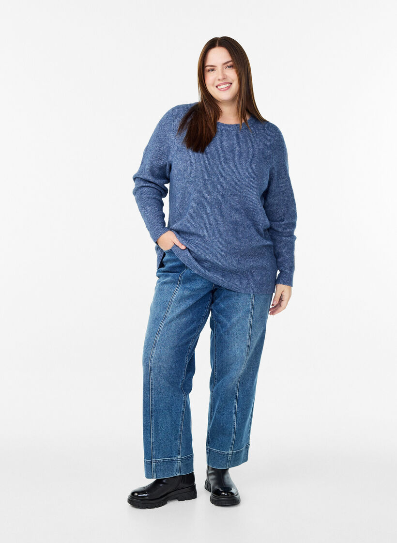 Melange-neulepusero pyöreällä pääntiellä, Sininen, Model image number 1