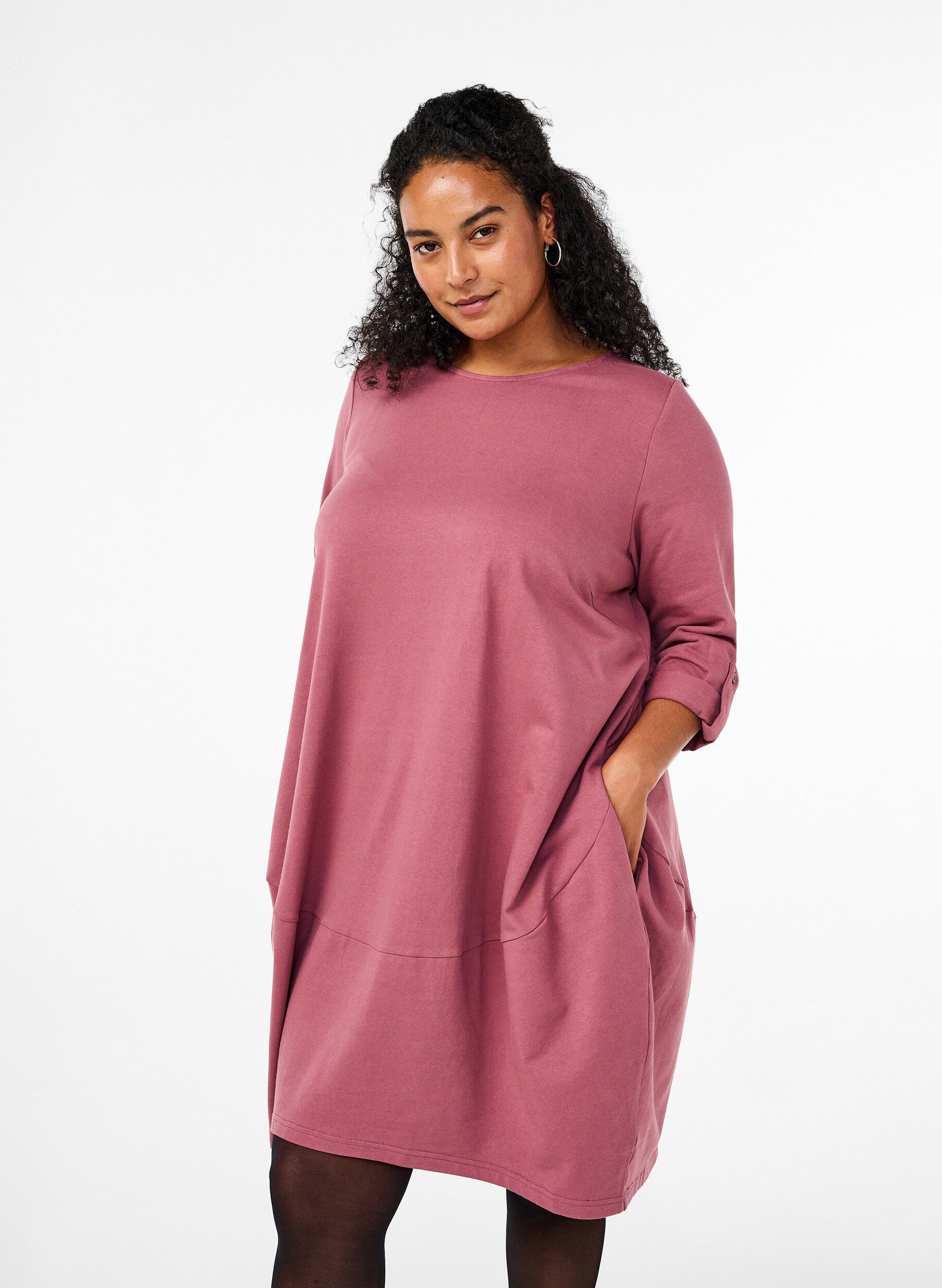 Zizzi Pallomainen puuvillamekko taskuilla, Vaaleanpunainen, Model image number 0