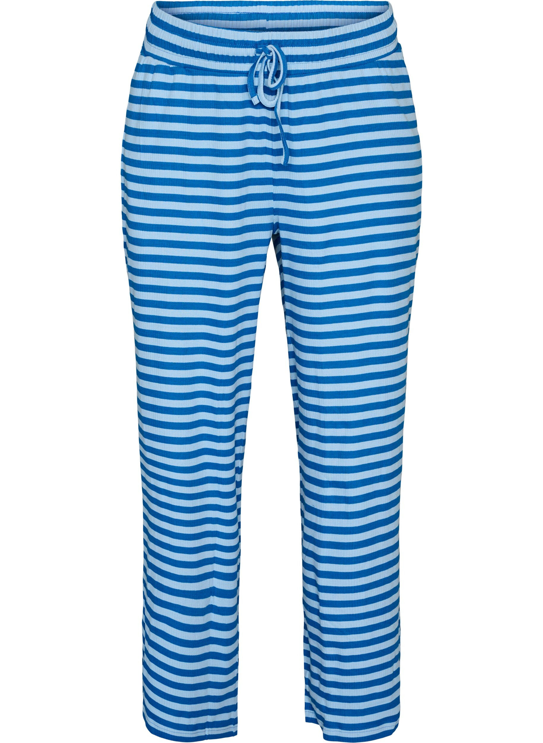 Raidalliset pyjamahousut korkealla vy&ouml;t&auml;r&ouml;ll&auml; ja leveill&auml; lahkeilla