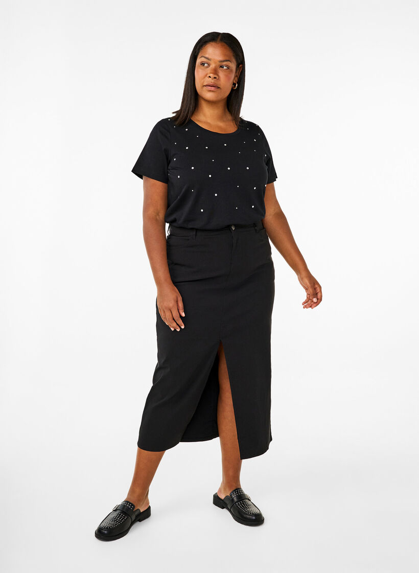 Puuvillainen T-paita tekojalokivillä, Black, Model image number 3