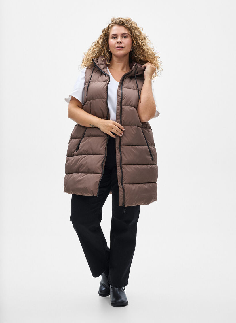 Pitk&auml; liivi hupulla ja taskuilla, Ruskea, Model image number 1
