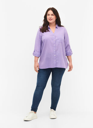 Puuvilla-pellavasekoitteinen paitapusero, jossa on napitus, Lavender, Model image number 2