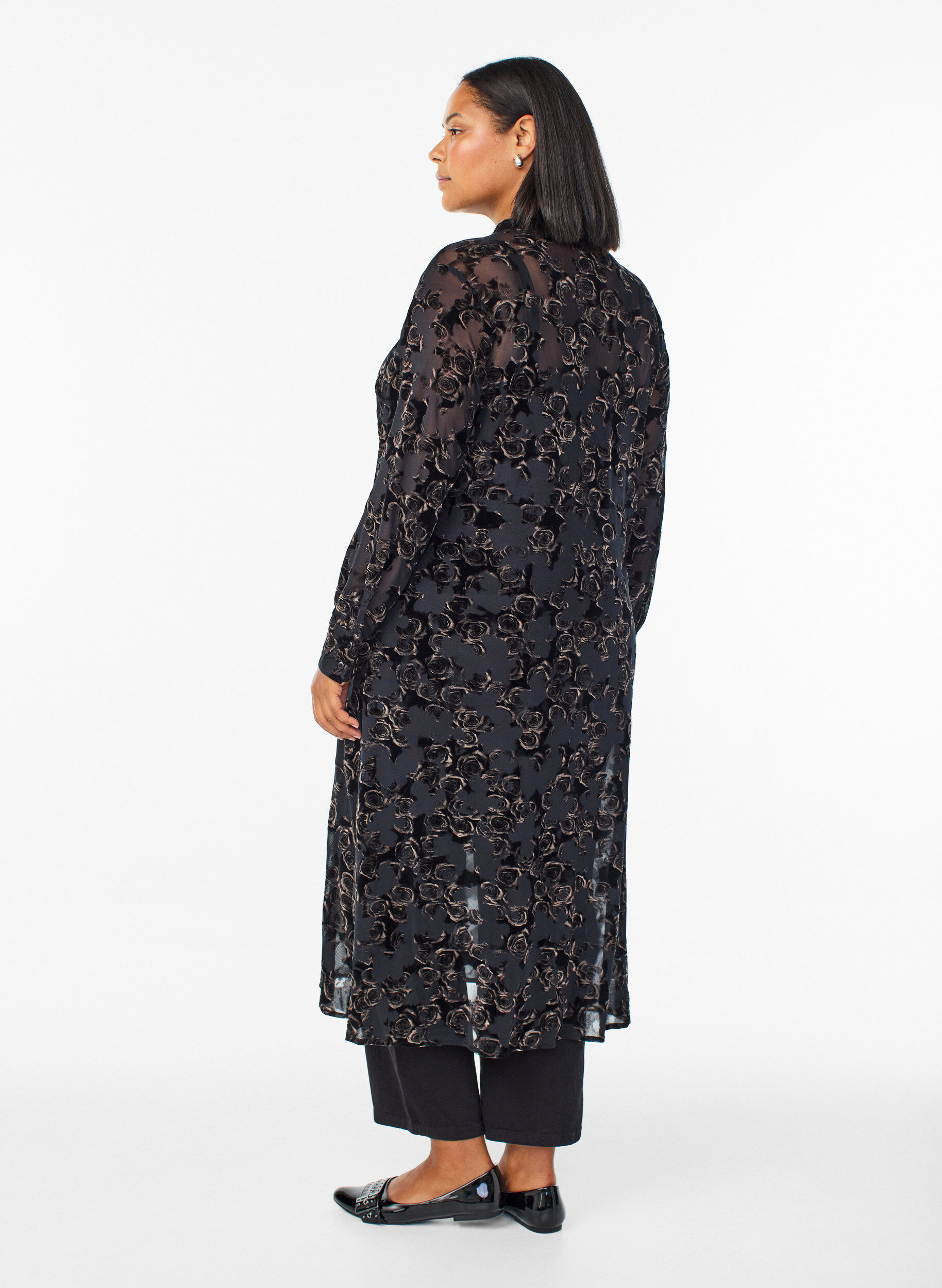 Zizzi Mesh-mekko, jossa on velourruusuja., Musta, Model image number 1