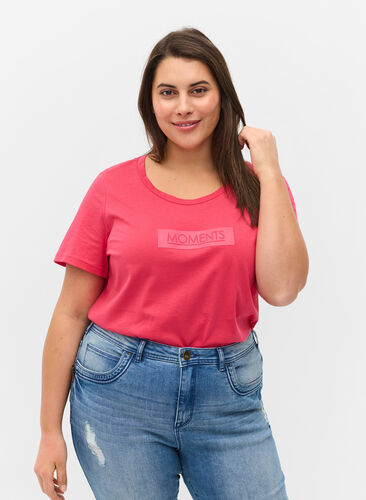 Lyhythihainen puuvillainen t-paita printillä , Raspberry TEXT, Model image number 0