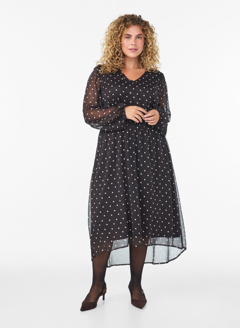 Chiffonmekko pilkuilla ja pitk&auml;t hihat, Ruskea, Model image number 0