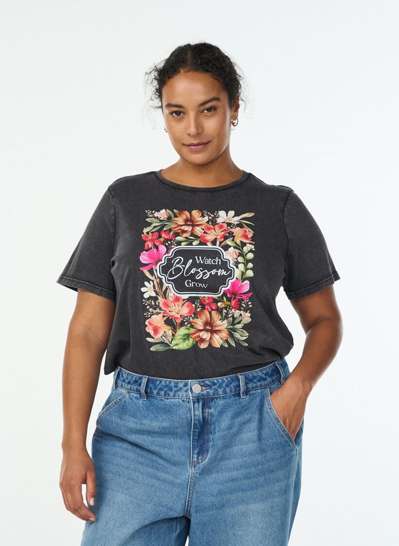 Luomupuuvillainen T-paita printillä, Harmaa, Model