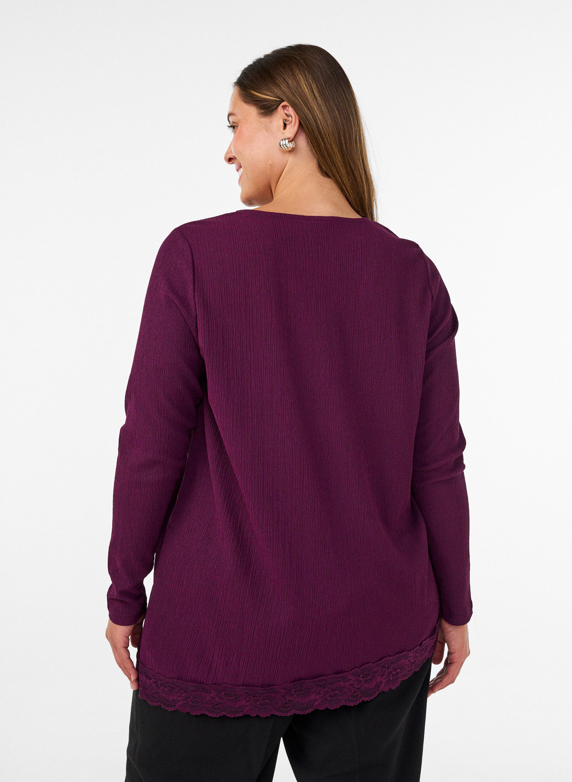 ZizziJerseypusero, jossa ep&auml;symmetrinen pitsireunus, Violetti, Model image number 2