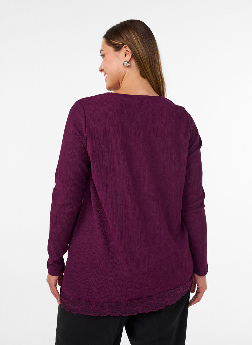 Jerseypusero, jossa ep&auml;symmetrinen pitsireunus, Violetti, Model image number 2