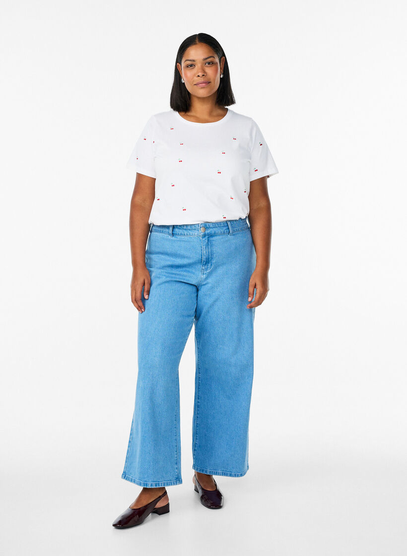 Luomupuuvillainen T-paita kirjailuilla kuvioilla, Valkoinen, Model image number 1