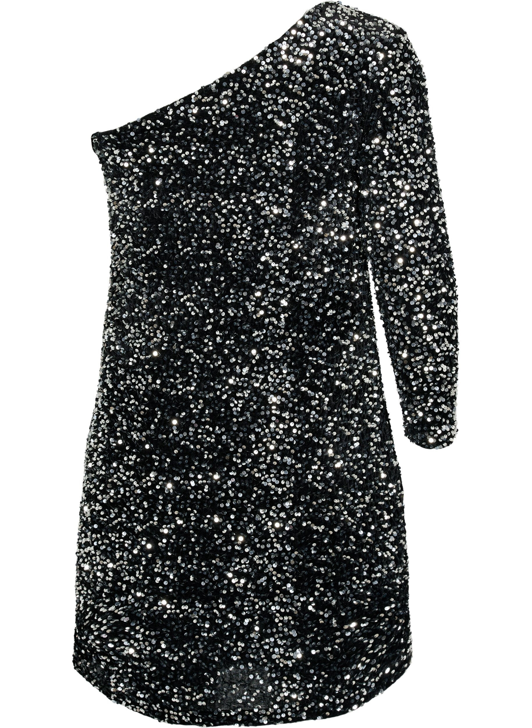 Zizzi Lyhyt yksiolkaiminen mekko paljeteilla, Black/Silver Sequins, Packshot image number 1