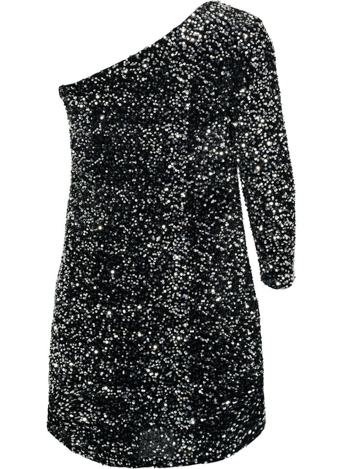 Lyhyt yksiolkaiminen mekko paljeteilla, Black/Silver Sequins, Packshot image number 1