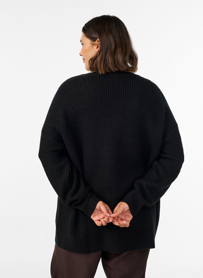 Pitk&auml; ribbineulepusero V-p&auml;&auml;ntiell&auml;, Musta, Model image number 2