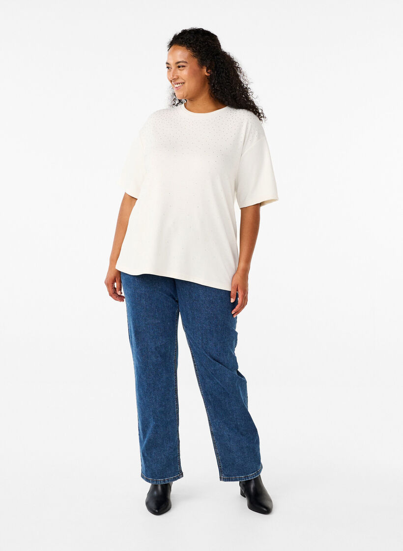 T-paita, jossa on strasseja ja pyöreä kaula-aukko., Valkoinen, Model image number 1