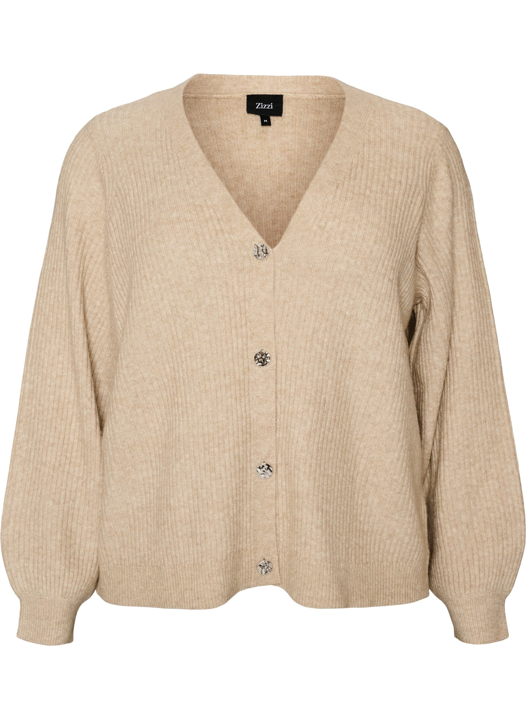 ZizziNeuletakki V-p&auml;&auml;ntiell&auml; ja ribatulla tekstuurilla, Beige, Packshot image number 0