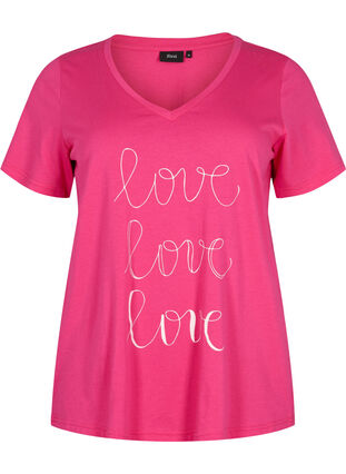 Puuvillainen t-paita v-pääntiellä ja printillä, Fuchsia Purple Love, Packshot image number 0