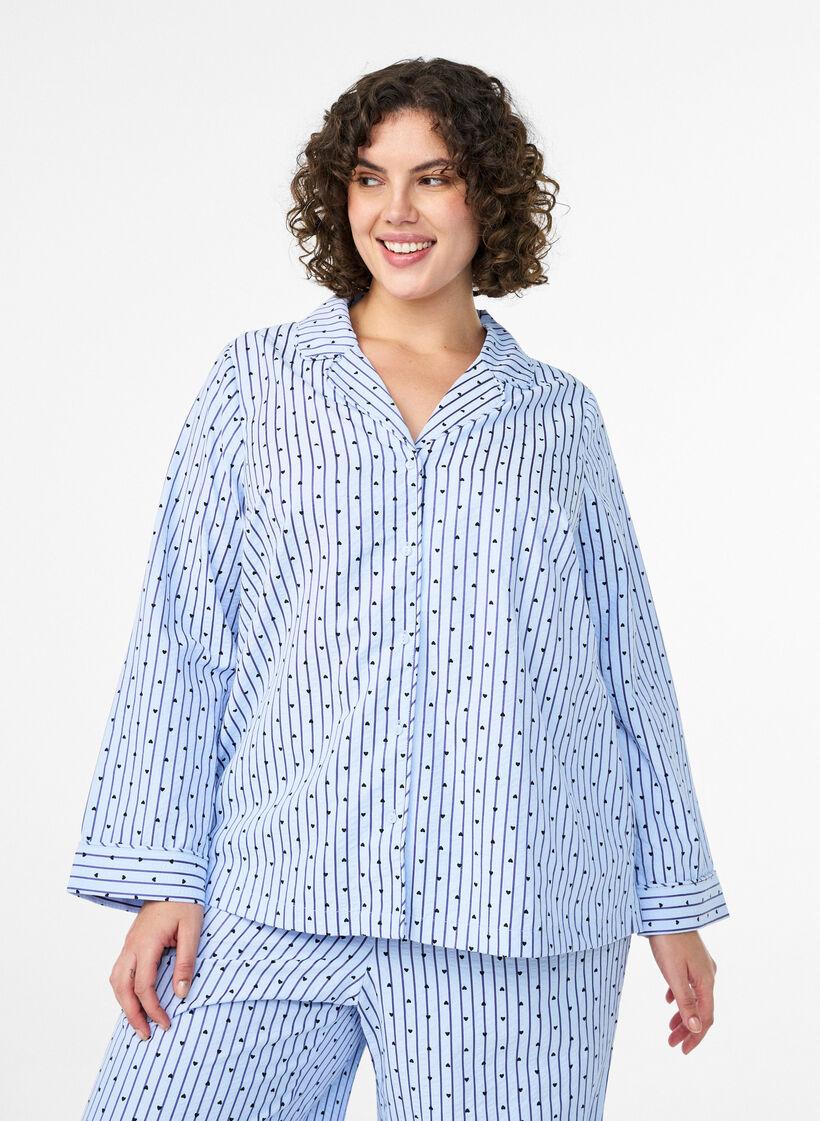 Seersucker-pyjamapaita, jossa pitk&auml;t hihat, Sininen, Model image number 0