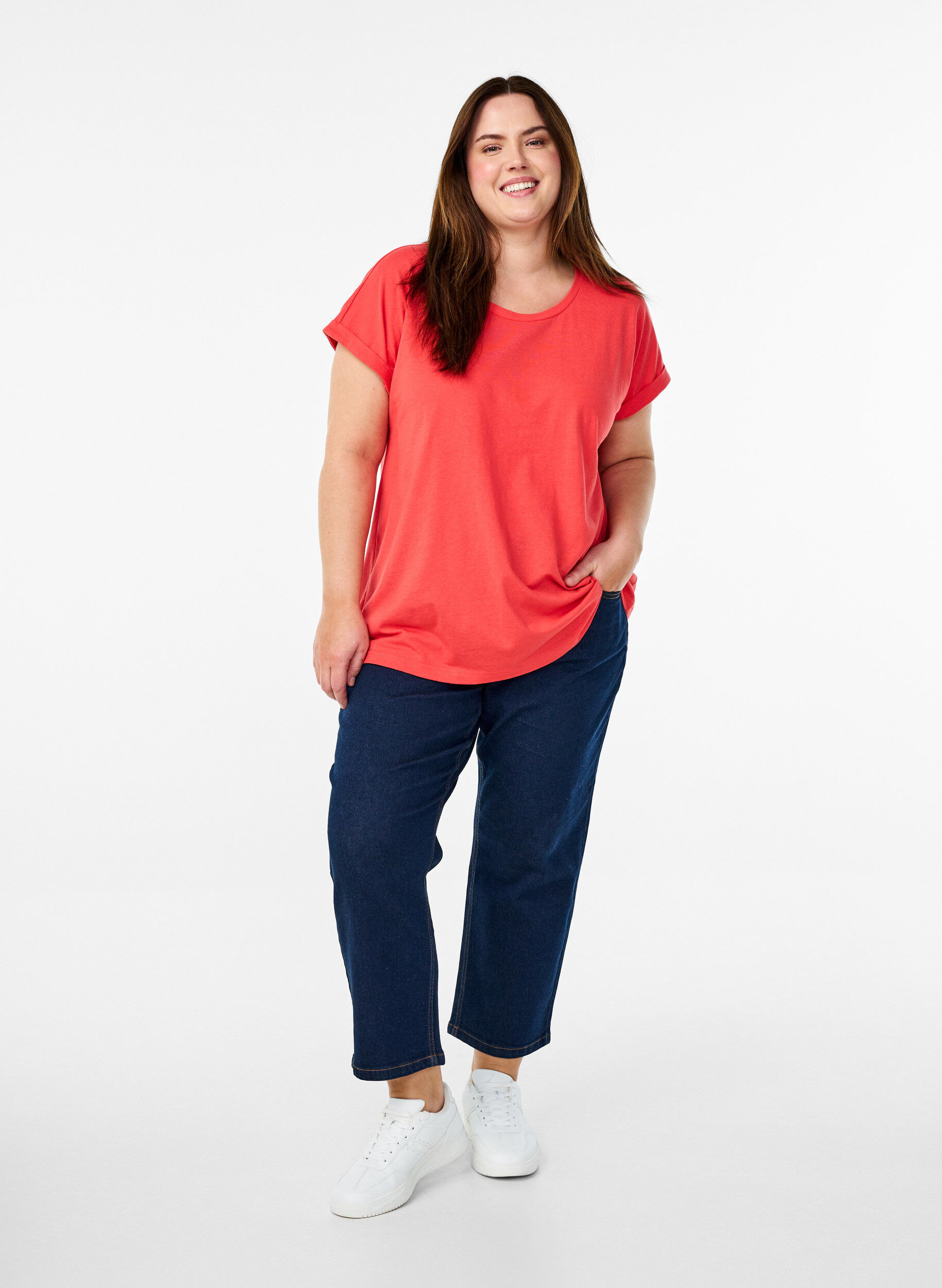 Zizzi Lyhythihainen puuvillasekoitteinen T-paita, Punainen, Model image number 1