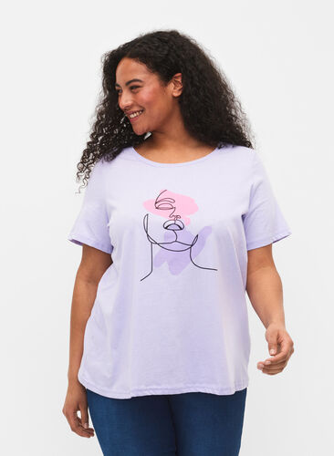 Puuvillainen t-paita pyöreällä pääntiellä ja painatuksella, Lavender FACE, Model image number 0