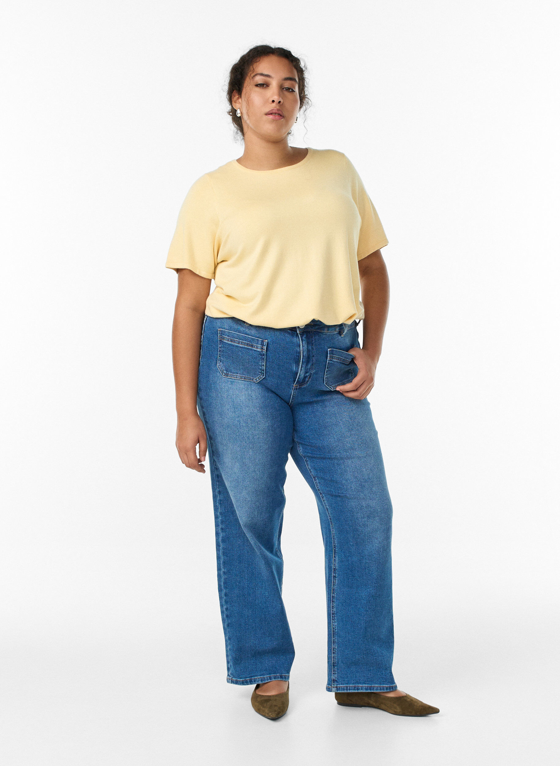 Zizzi Lyhythihainen viskoosineulepusero, Keltainen, Model image number 1