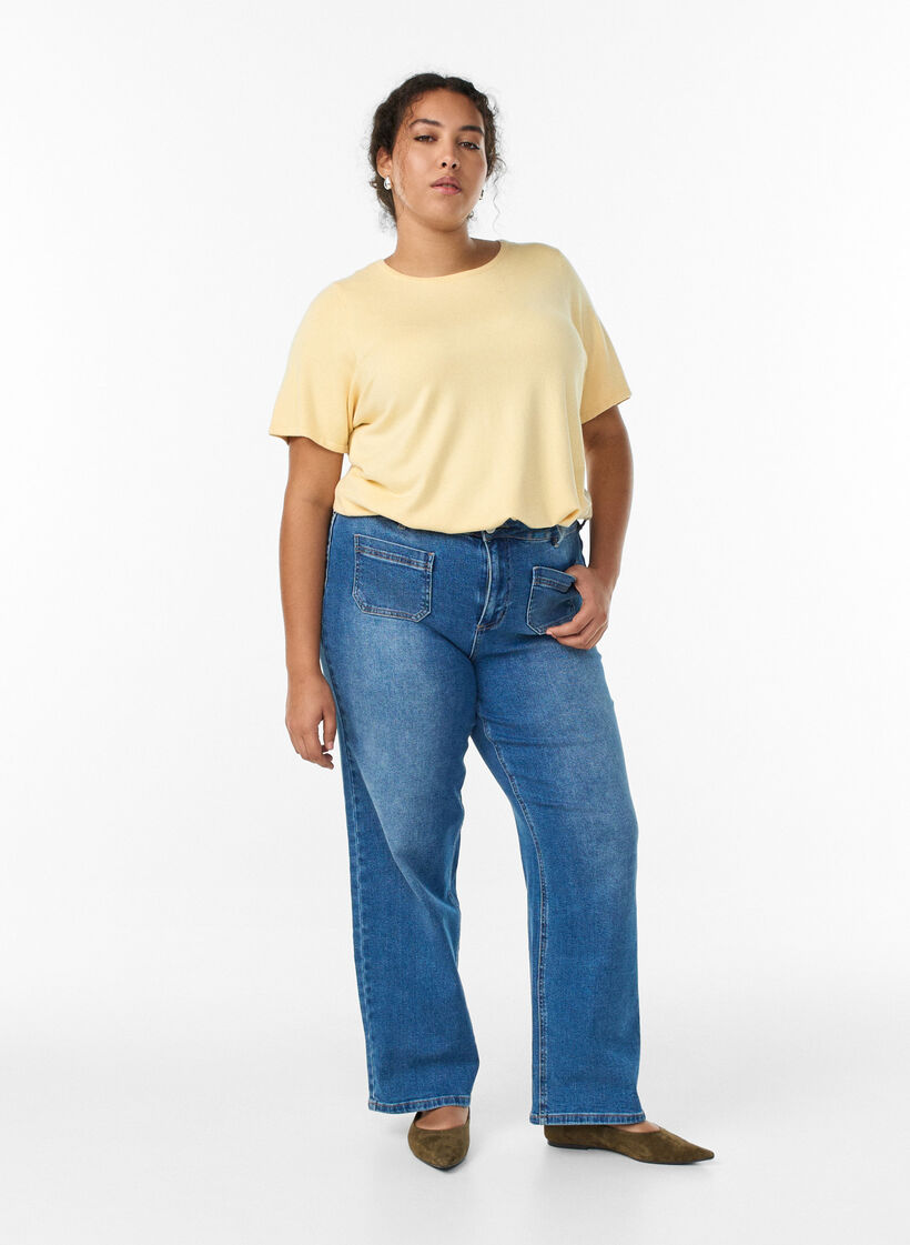 Lyhythihainen viskoosineulepusero, Keltainen, Model image number 1