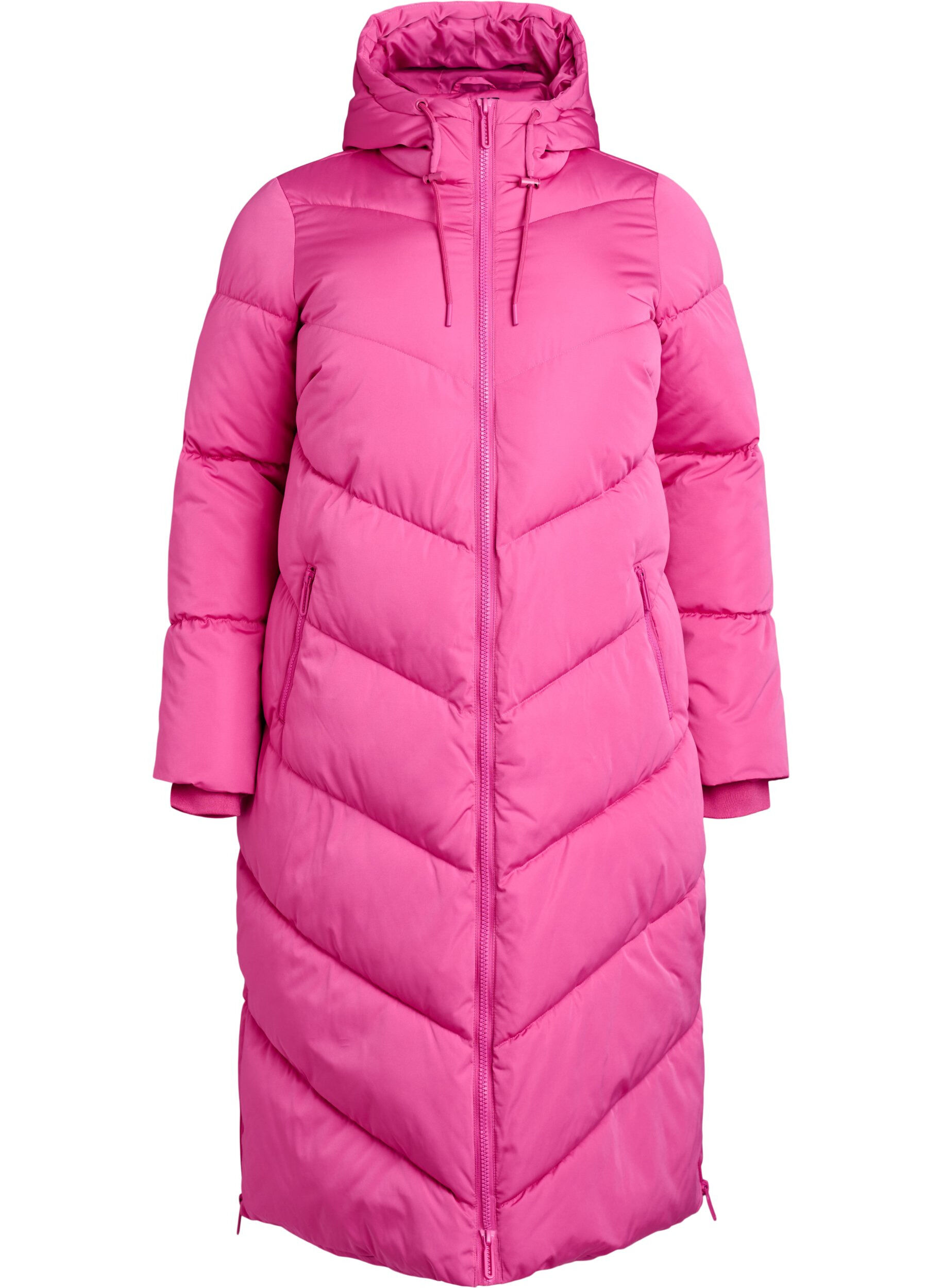 Pitk&auml; toppatakki, jossa huppu ja taskut