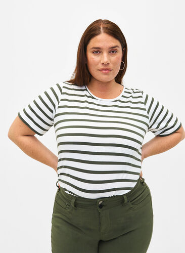 Raidallinen t-paita luomupuuvillaa, Thyme Stripe, Model image number 0