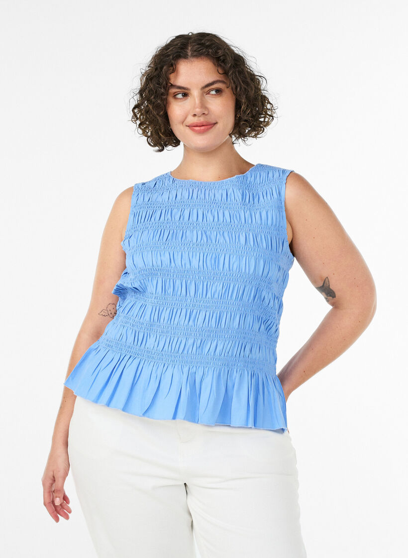 Smokkitoppi venep&auml;&auml;ntiell&auml; ja peplum-helmalla, Sininen, Model image number 0
