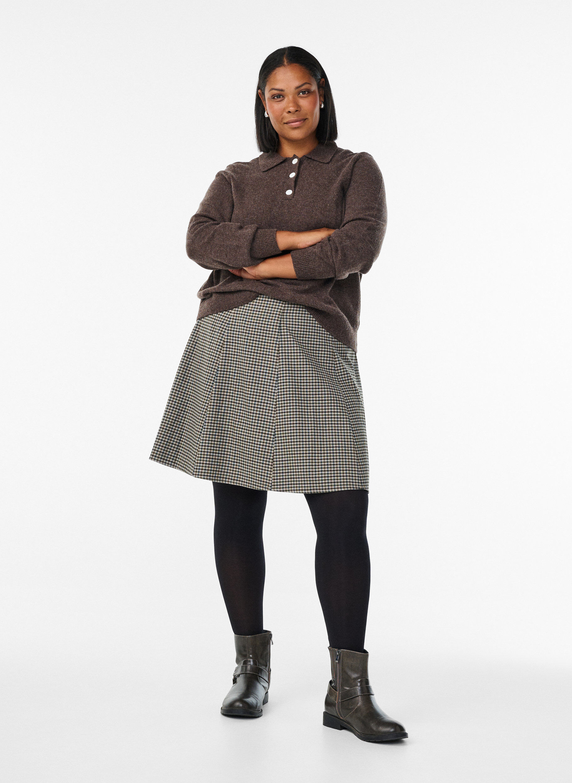 Zizzi Lyhyt A-linjainen hame, Ruskea, Model image number 1