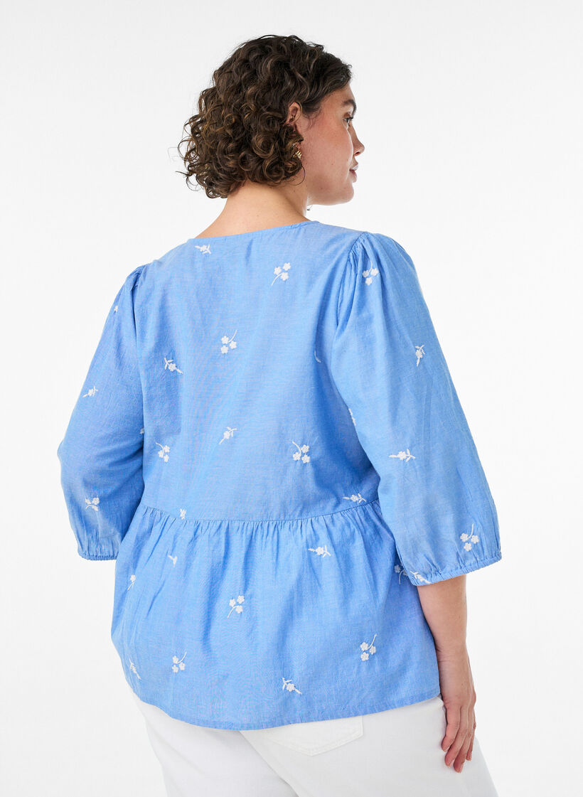 Puuvillapusero kirjotuilla kukilla ja nappikiinnityksell&auml;, Sininen, Model image number 2