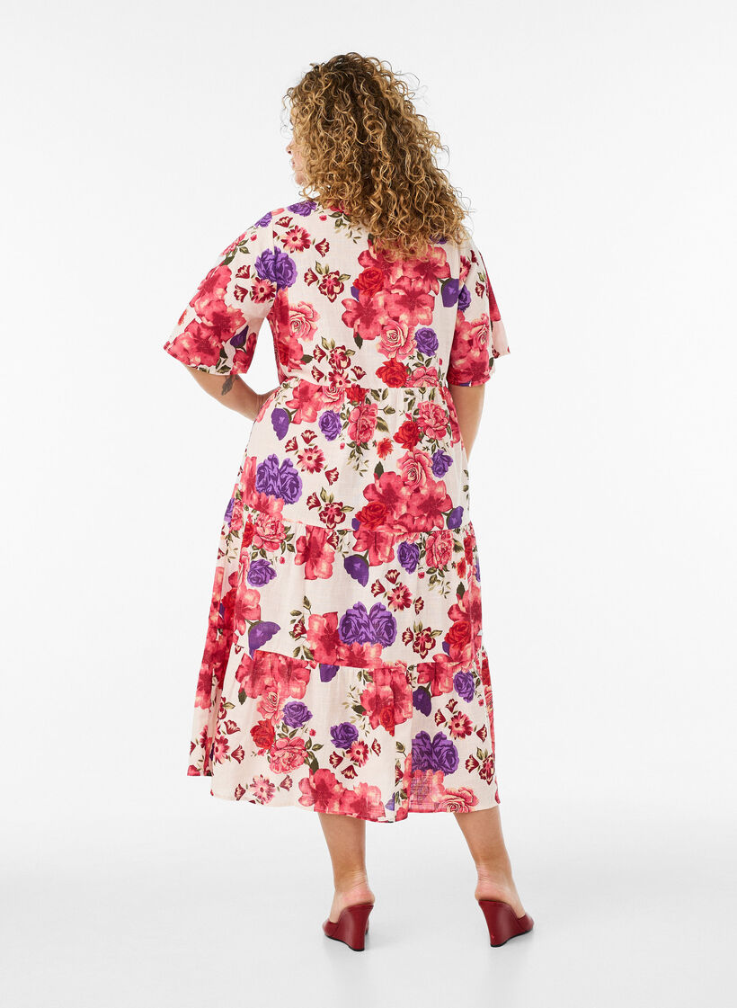 Puuvillainen midimekko kukkakuosilla, Punainen, Model image number 1