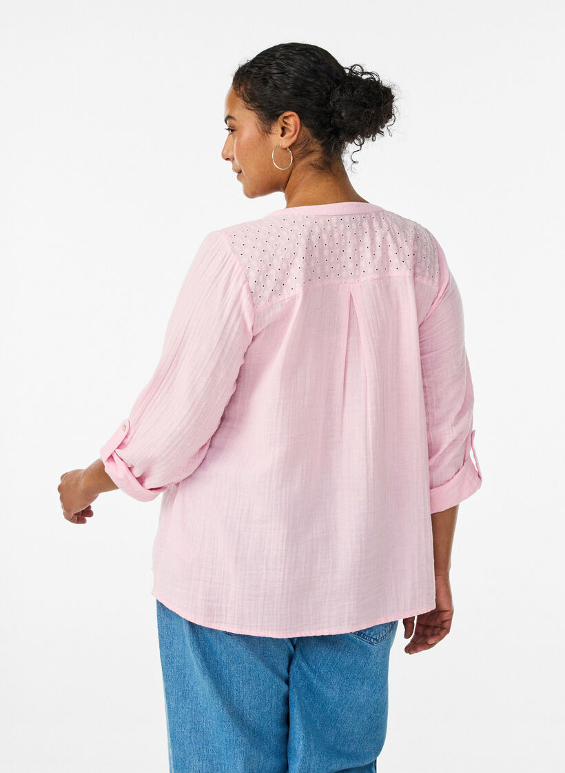 Paita puuvillamusliinissa, jossa broderie anglaise -kirjailu, Vaaleanpunainen, Model image number 2