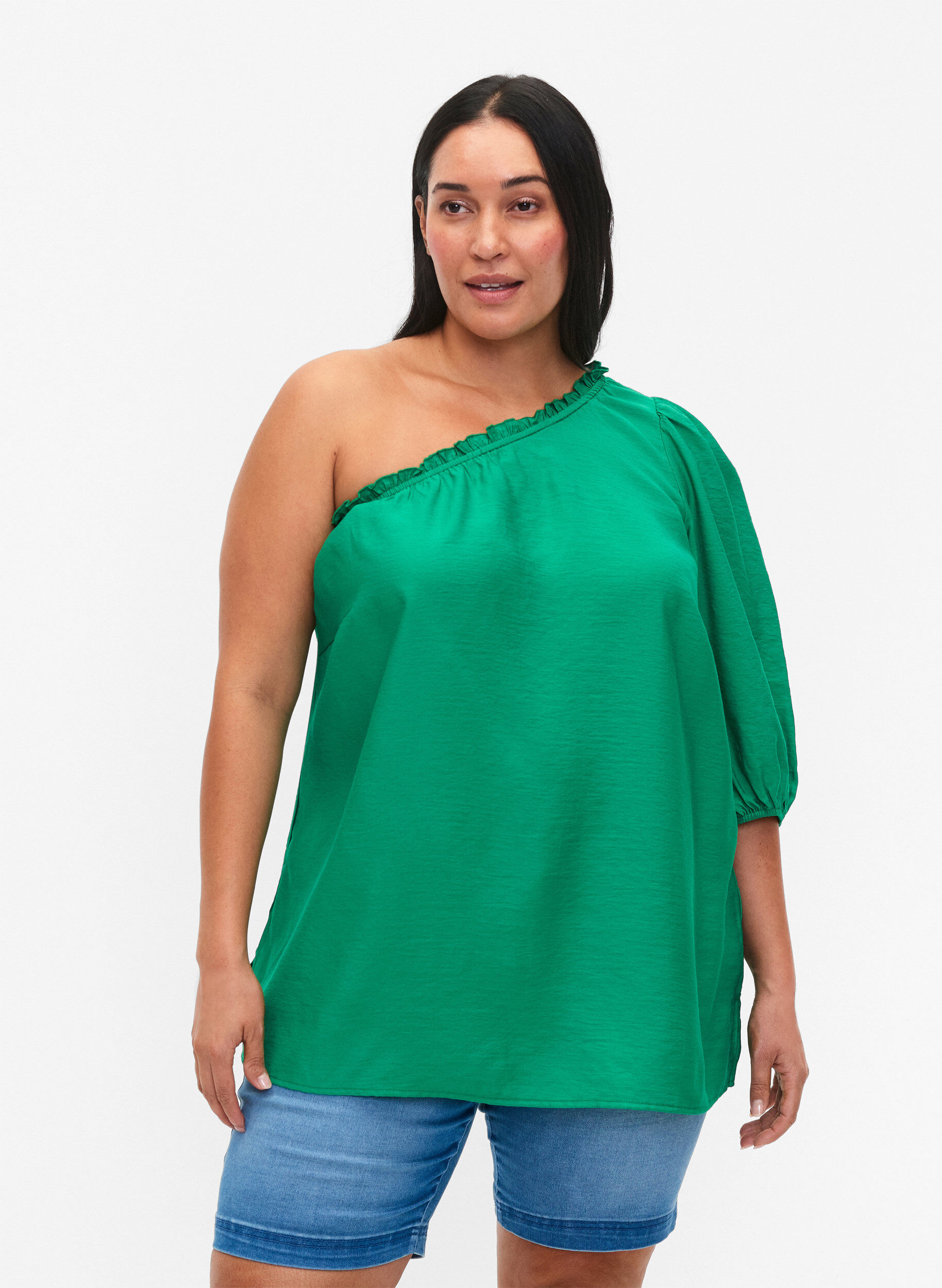 Zizzi One shoulder viskoosipusero, Vihre&auml;, Model image number 0