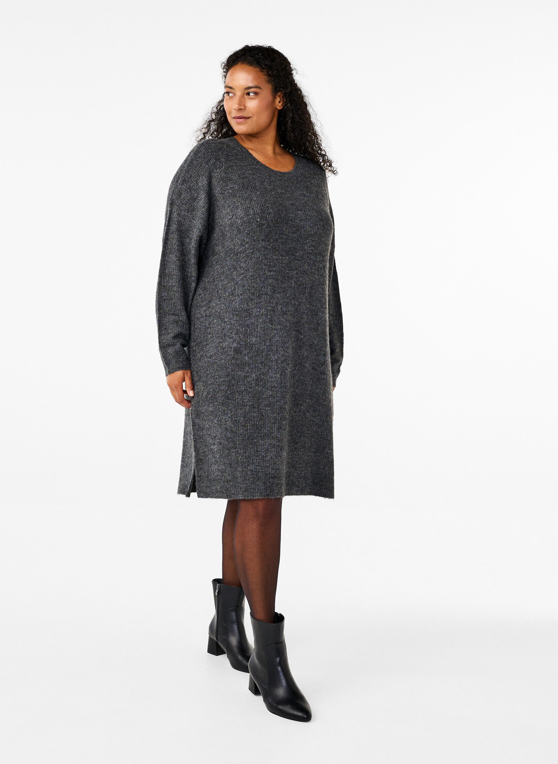 Zizzi Pitk&auml;hihainen ribbineulemekko, Dark Grey Black Mel., Model image number 2
