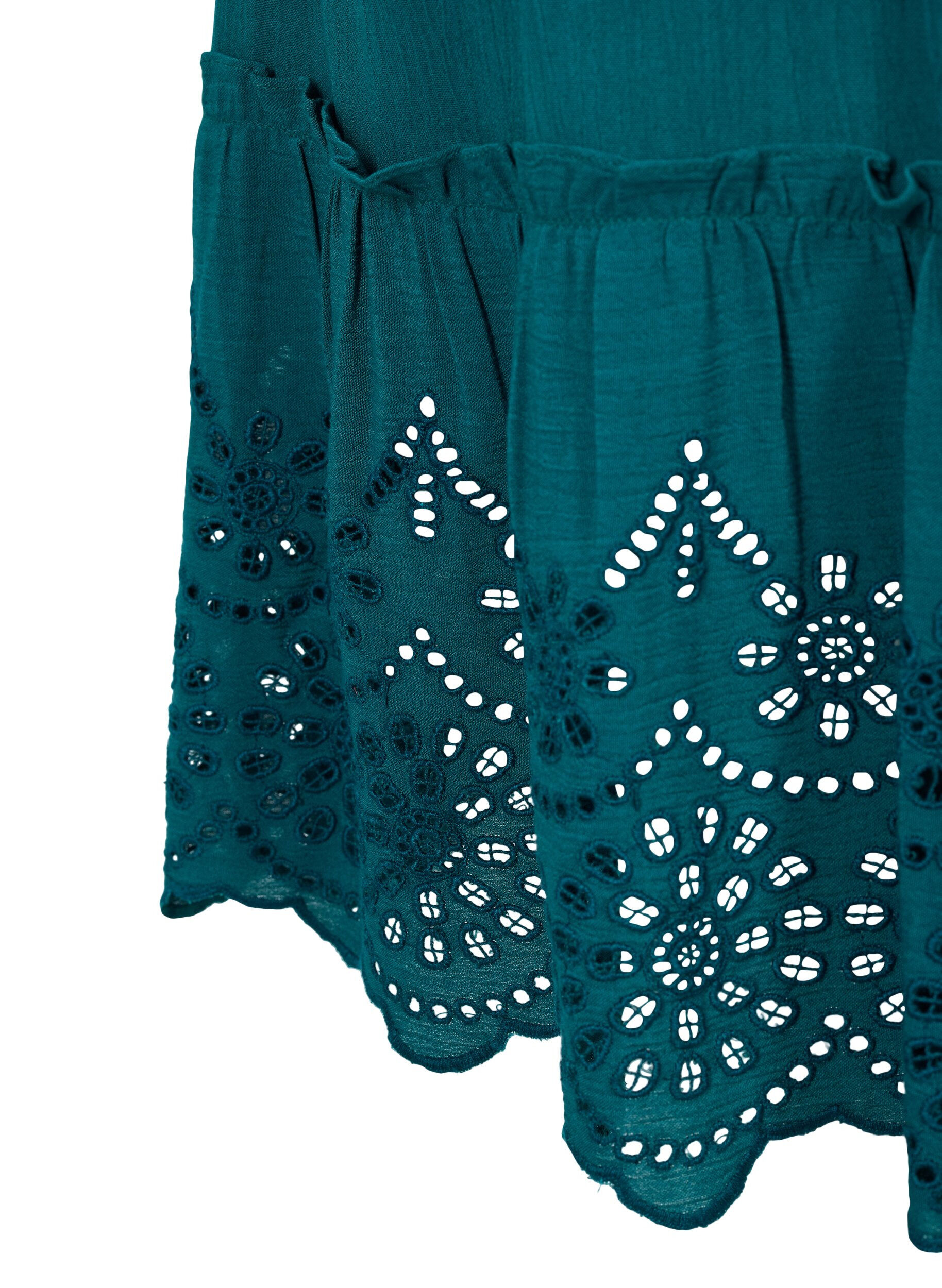 Zizzi Viskoosista valmistettu rantamekko smokkirypytyksell&auml; ja broderi anglaisella, Deep Teal, Packshot image number 3
