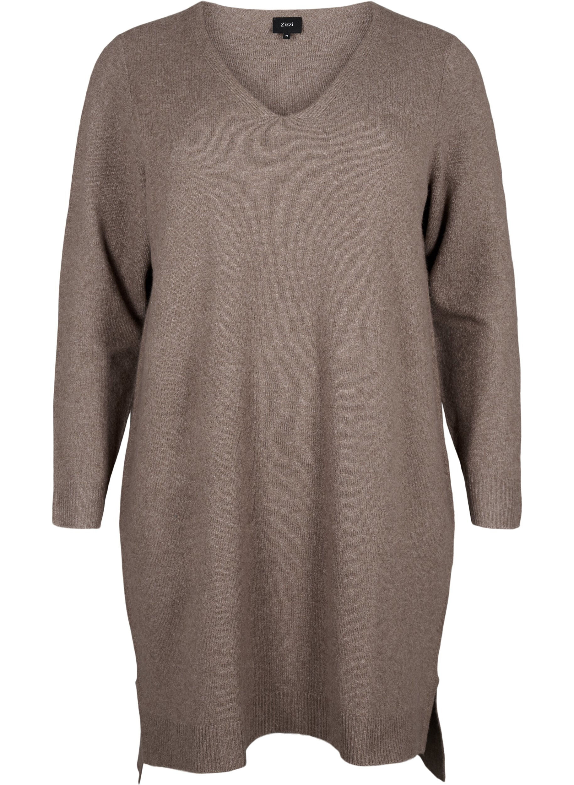 Zizzi Neulottu mekko, jossa on halkio, Walnut/White, Packshot image number 0