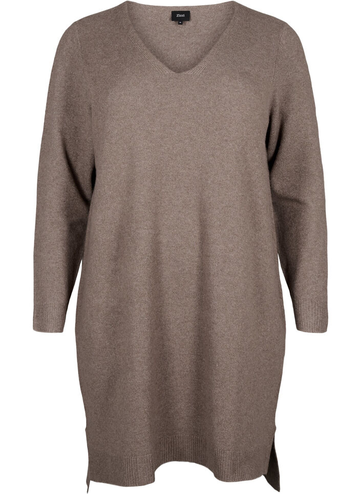 Neulottu mekko, jossa on halkio, Walnut/White, Packshot image number 0