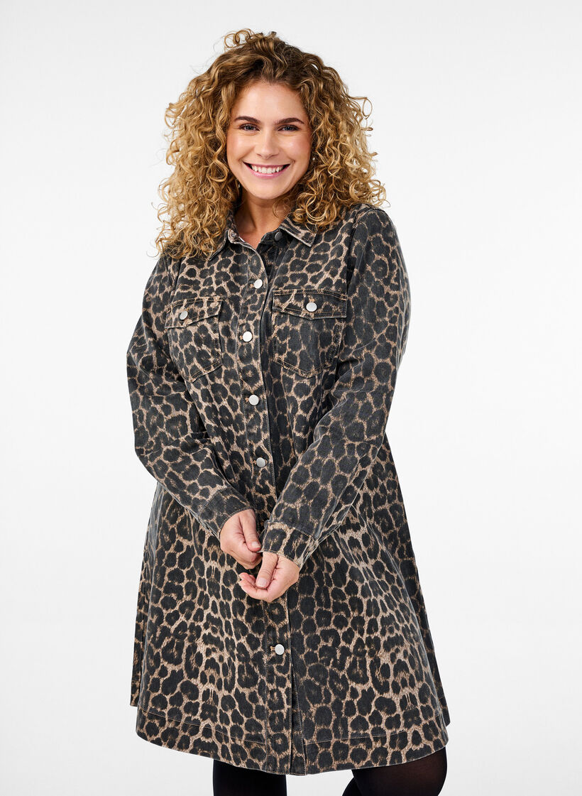 Pitkähihainen farkkumekko leopardikuosilla, Brown Leo AOP, Model image number 0