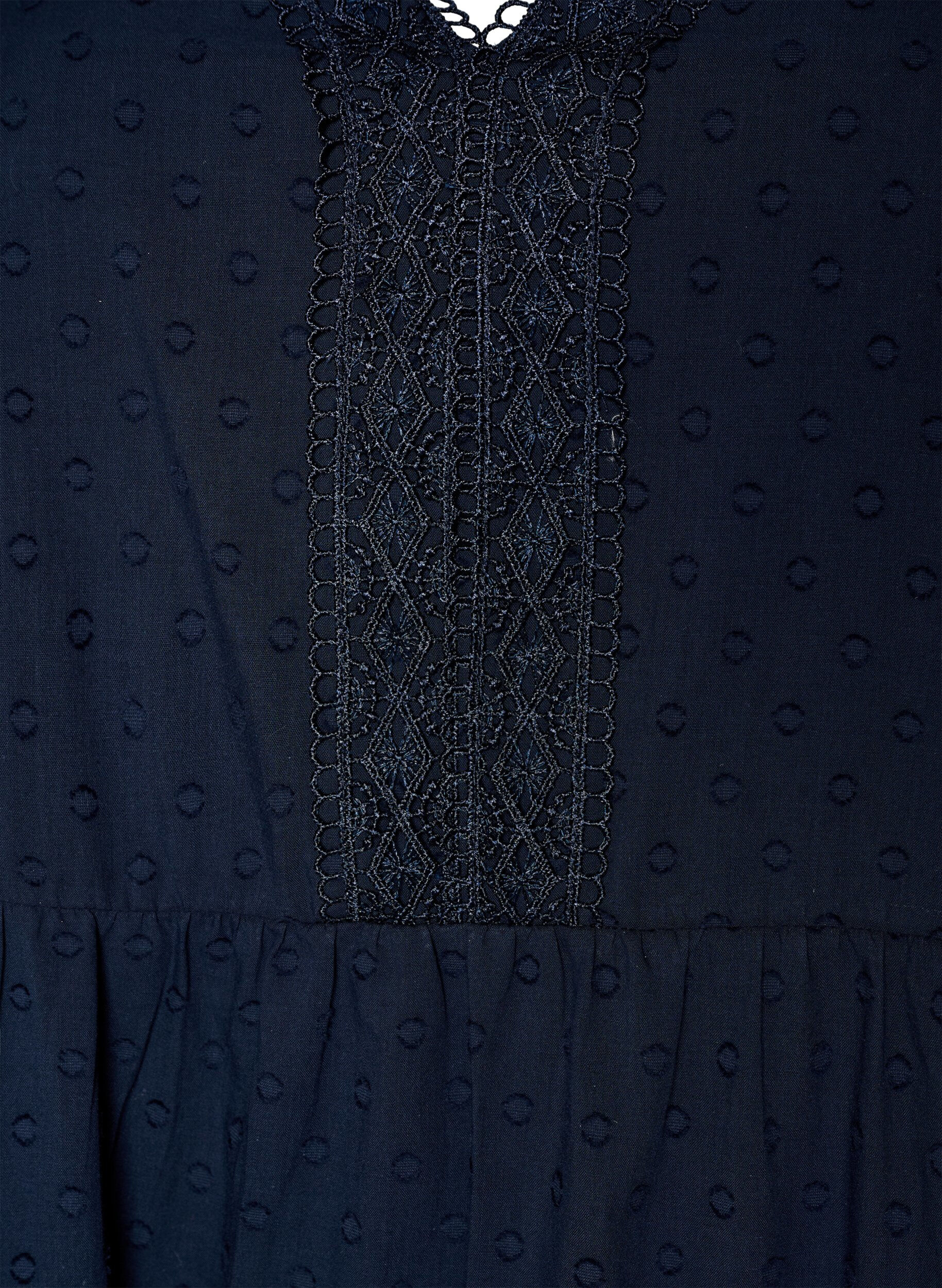 Zizzi Strukturoitu puuvillainen midimekko virkkausdetaljeilla, Sininen, Packshot image number 2
