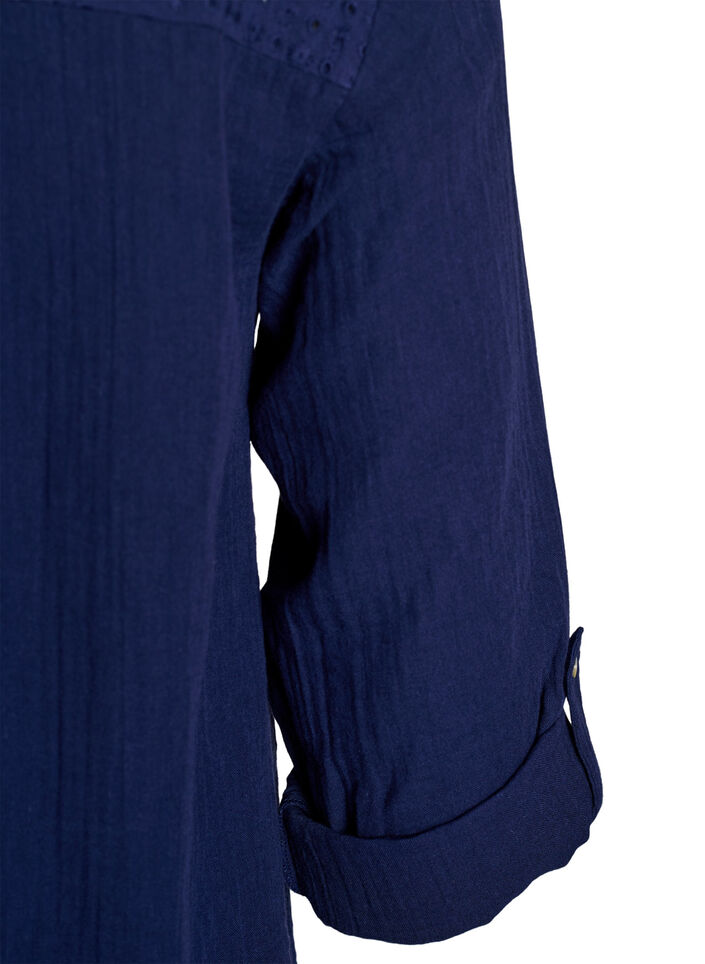 Paita puuvillamusliinissa, jossa broderie anglaise -kirjailu, Sininen, Packshot image number 3